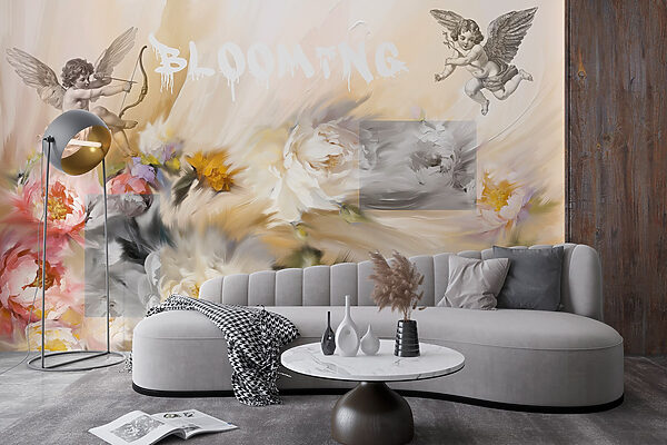Pintura de anjos com um arco e flecha a disparar flores Pintura de anjos com um arco e flecha a disparar flores
