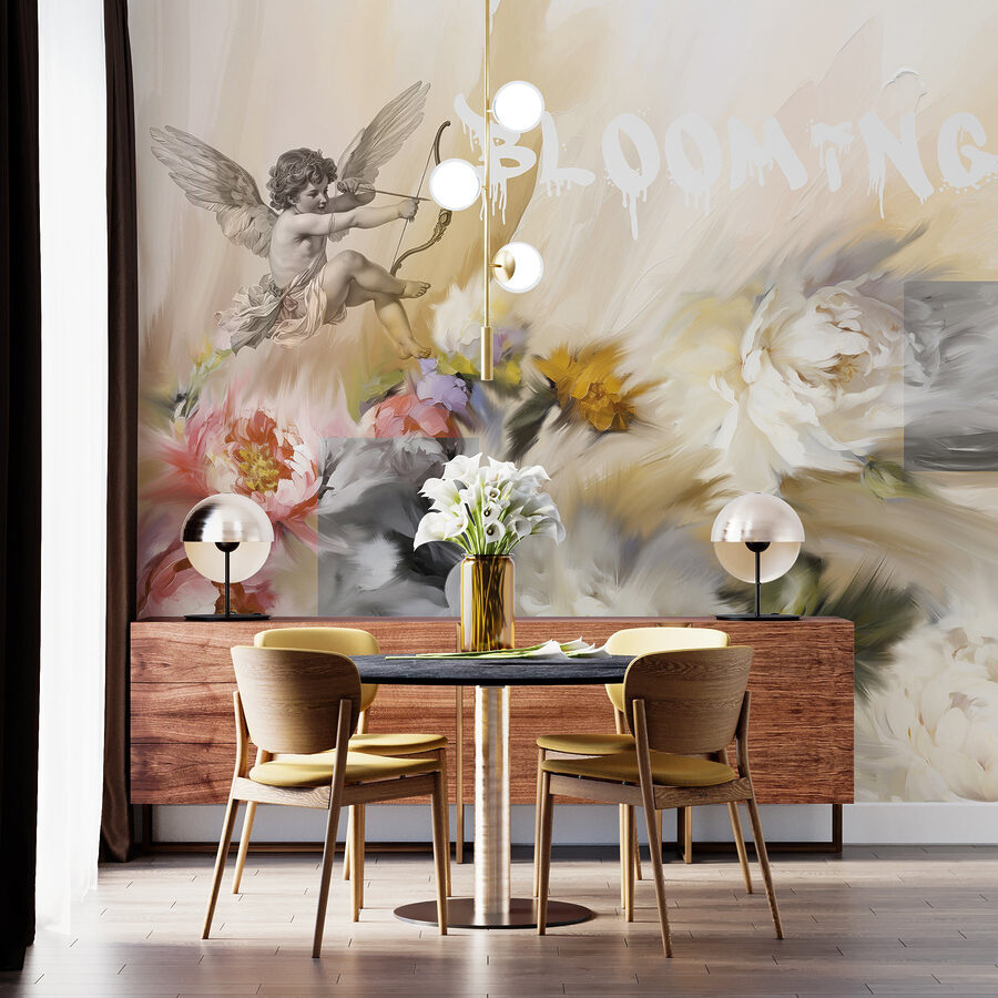Pintura de anjos com um arco e flecha a disparar flores Pintura de anjos com um arco e flecha a disparar flores