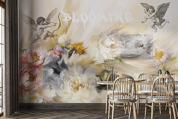Pintura de anjos com um arco e flecha a disparar flores Pintura de anjos com um arco e flecha a disparar flores
