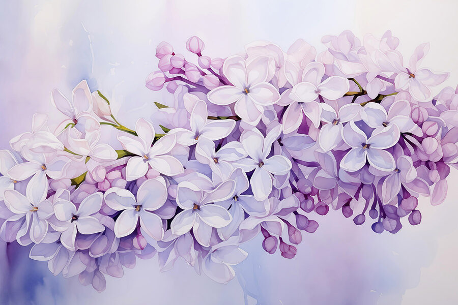 Pintura de um ramo de flores roxas