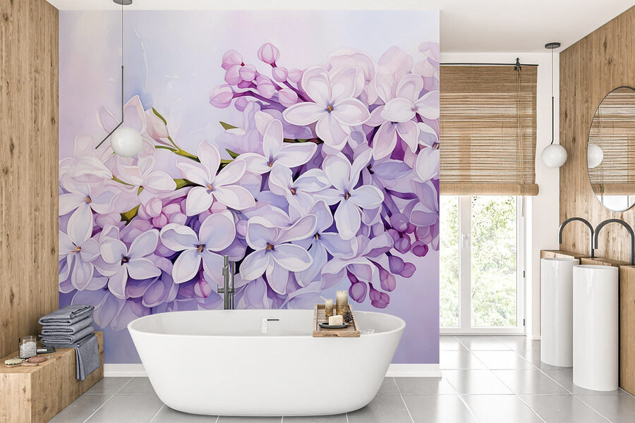 Pintura de um ramo de flores roxas