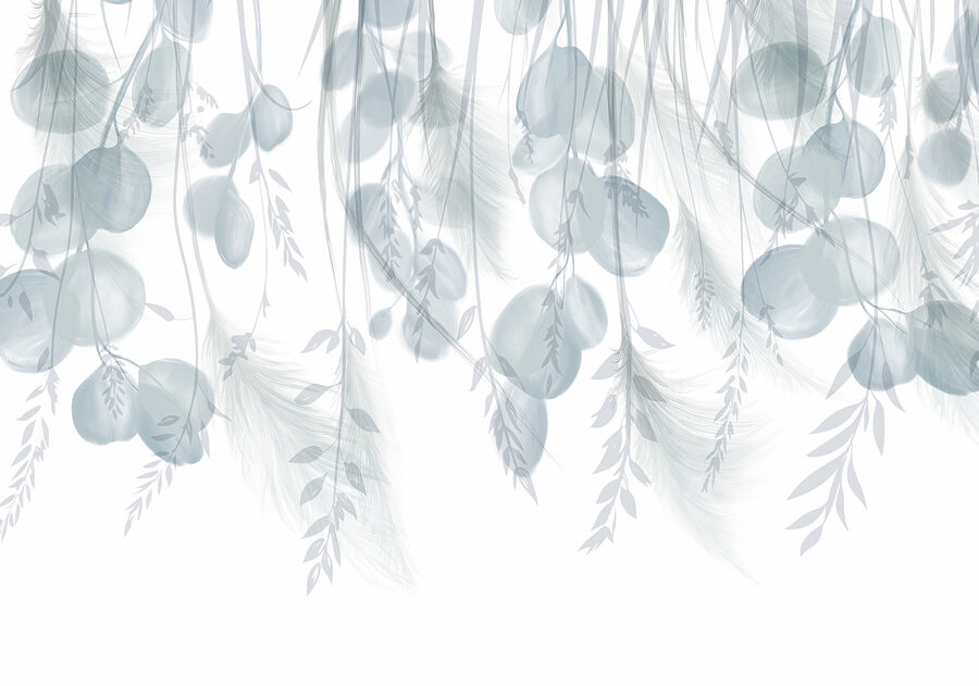Fundo branco e cinzento com penas e flores