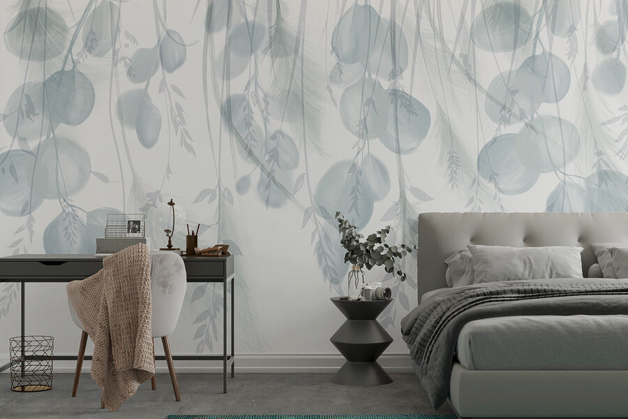 Fundo branco e cinzento com penas e flores