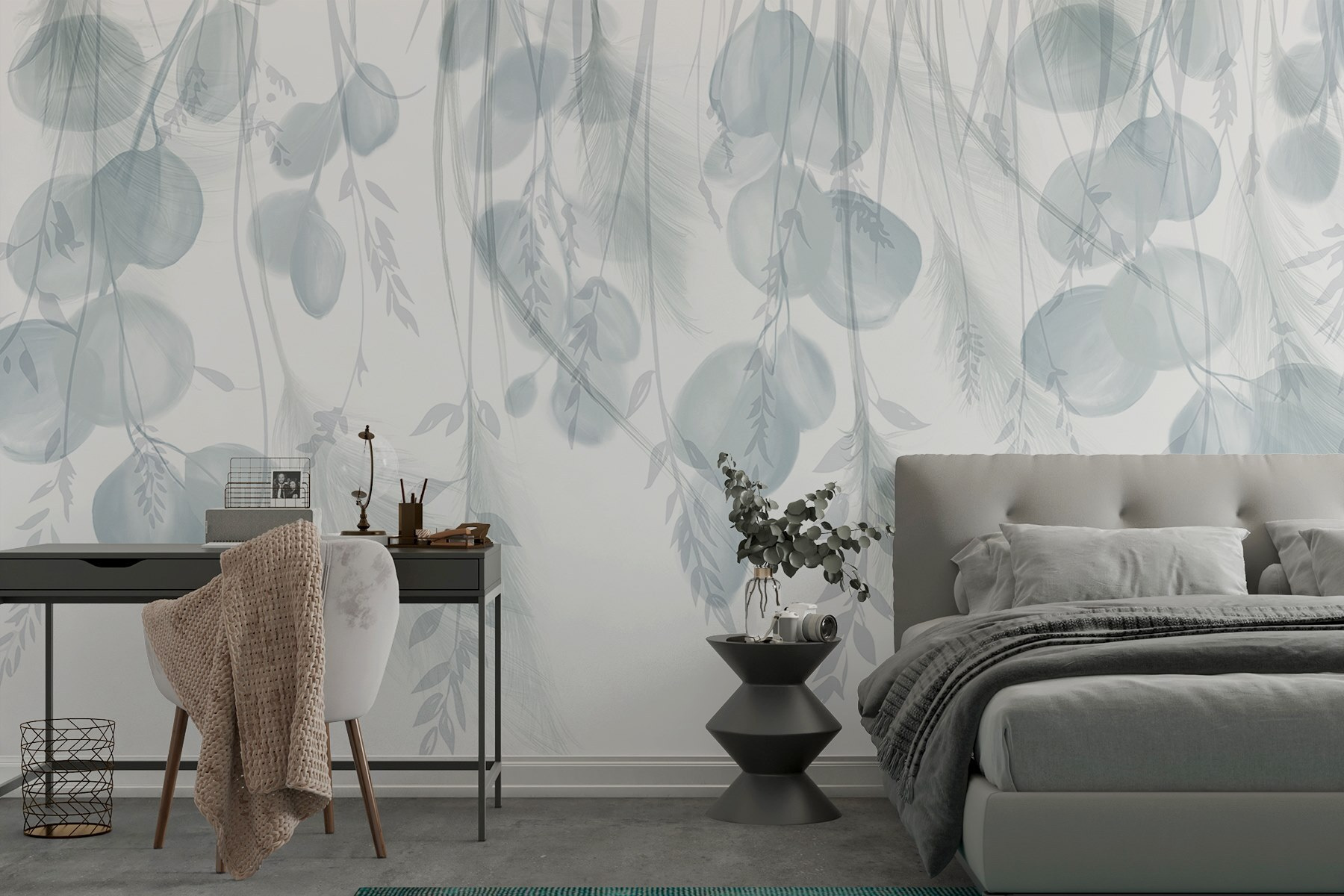 White and gray background with feathers and flowers White and gray background with feathers and flowers