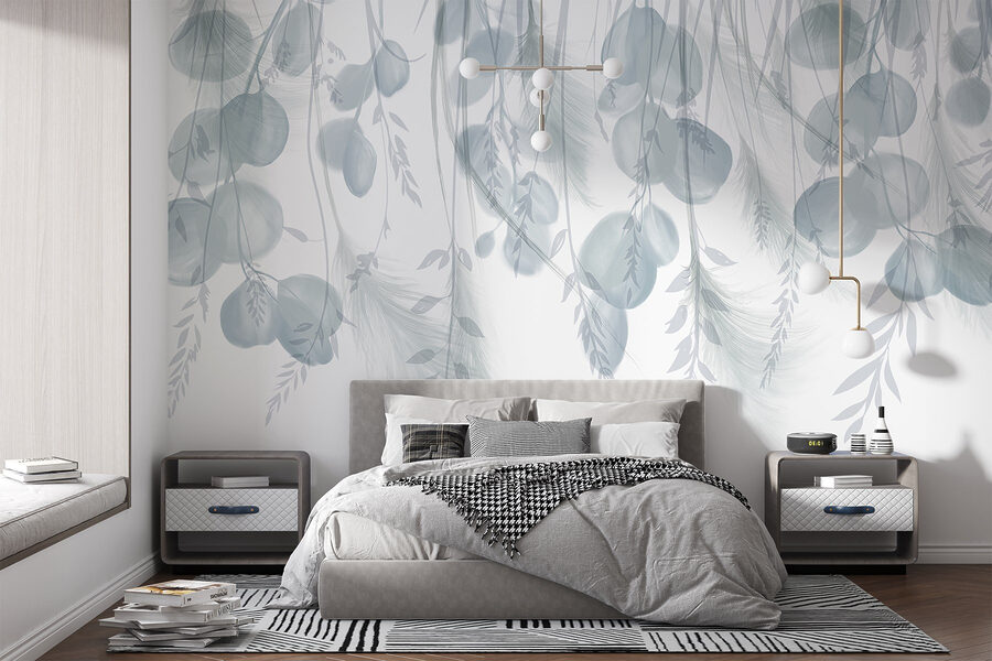 Fundo branco e cinzento com penas e flores
