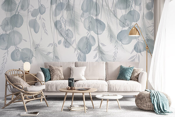 Fundo branco e cinzento com penas e flores Fundo branco e cinzento com penas e flores