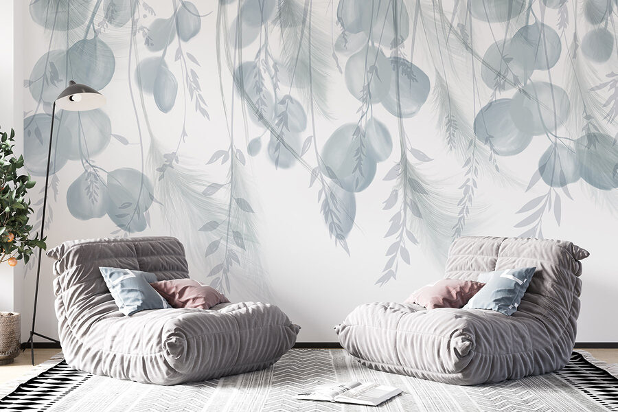 Fundo branco e cinzento com penas e flores
