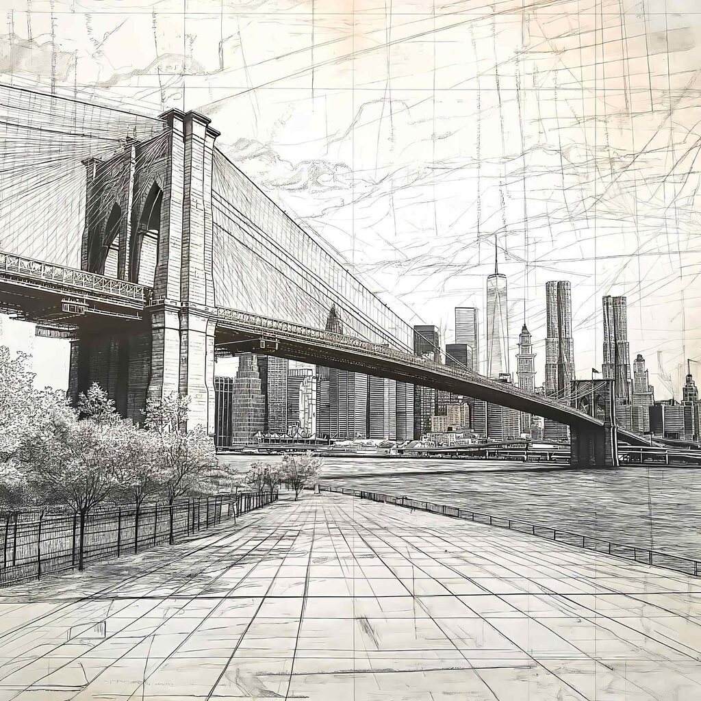 Desenho de uma ponte e de uma cidade Desenho de uma ponte e de uma cidade