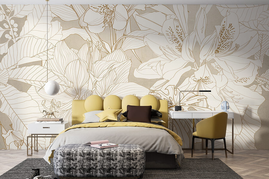 Papel de parede Papel de parede com flores e folhas