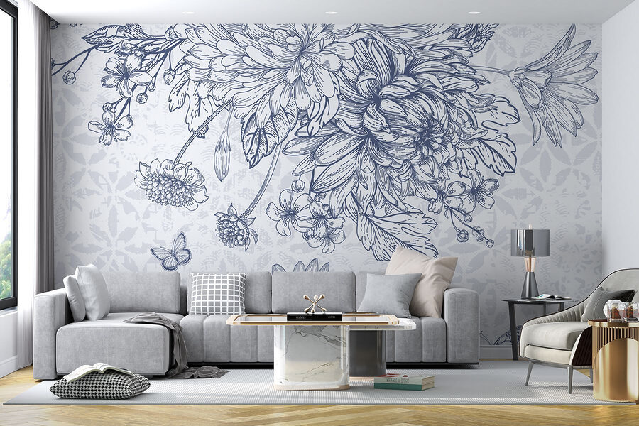 Ilustração floral com borboletas delicadas