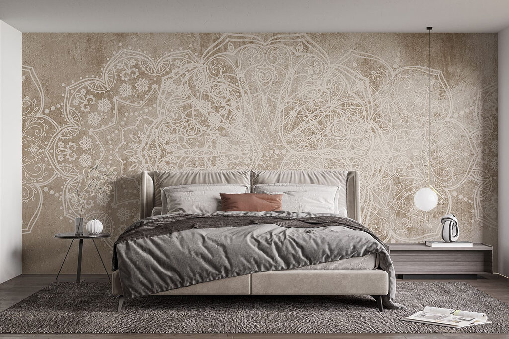 White ornate design on a brown surface White ornate design on a brown surface