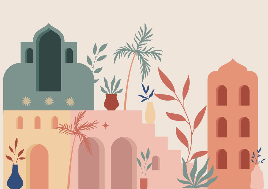 Ilustração colorida de edifícios e plantas Ilustração colorida de edifícios e plantas