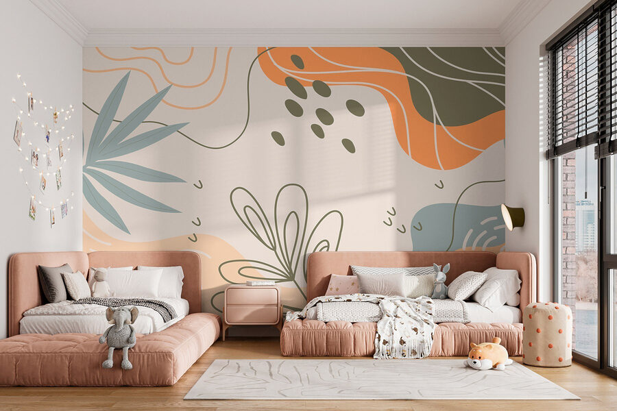 Papel de parede Padrão colorido com folhas e formas