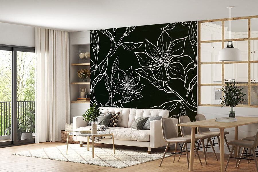Papel de parede Padrão floral preto e branco