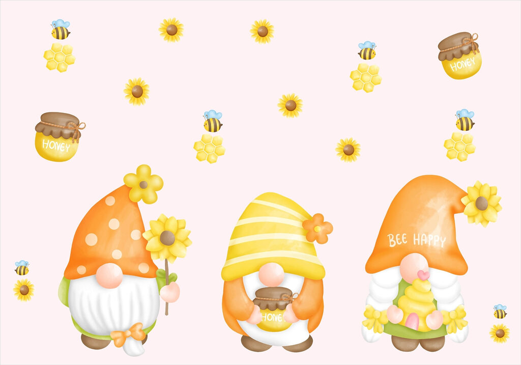 Grupo de gnomos com flores e abelhas Grupo de gnomos com flores e abelhas