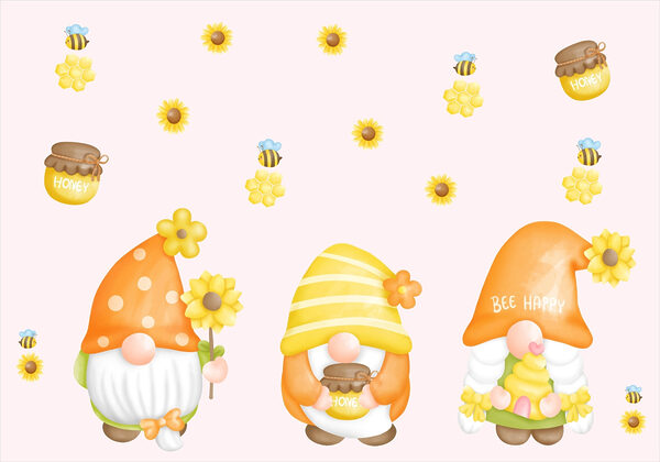 Grupo de gnomos com flores e abelhas Grupo de gnomos com flores e abelhas