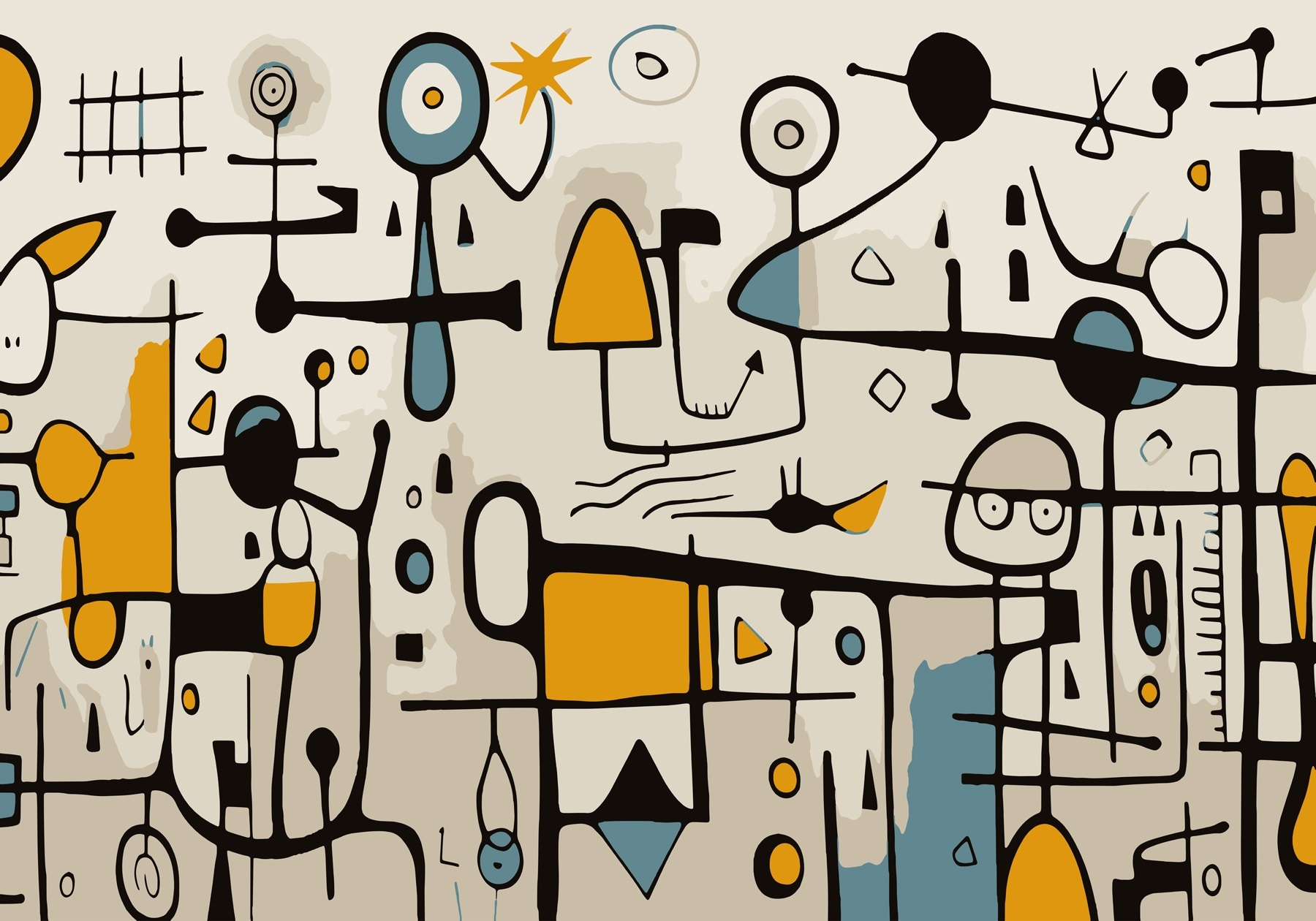 Colorful art piece with people and shapes Colorful art piece with people and shapes