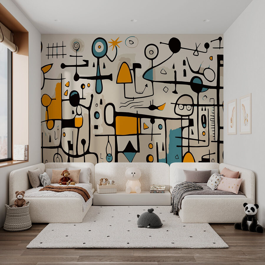 Peça de arte colorida com pessoas e formas