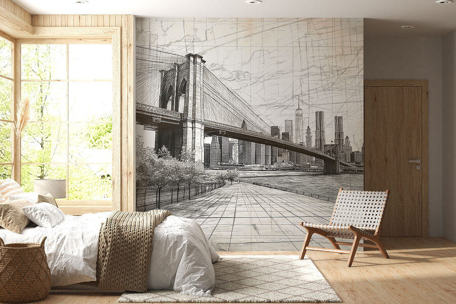 Desenho de uma ponte e de uma cidade