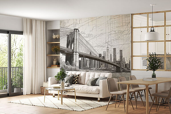 Desenho de uma ponte e de uma cidade Desenho de uma ponte e de uma cidade