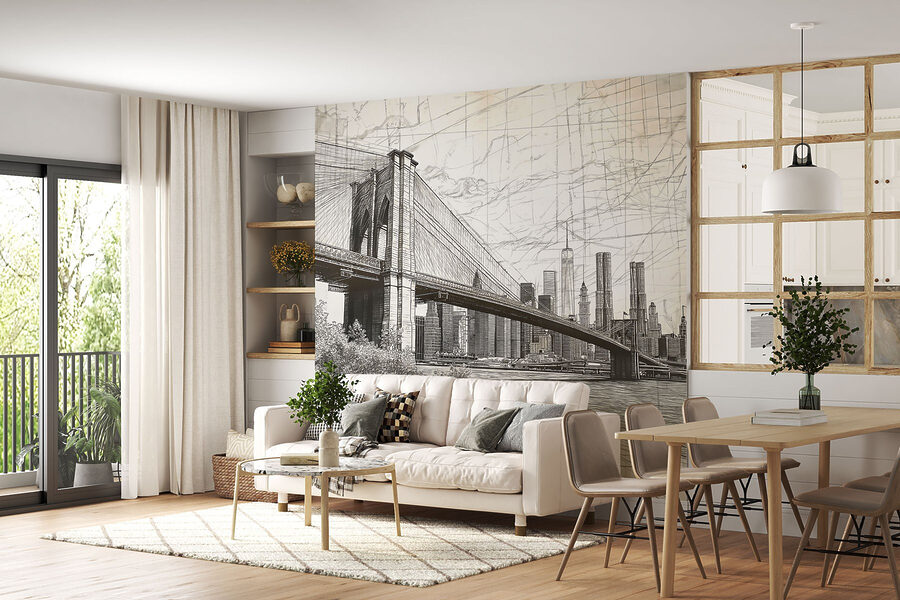 Desenho de uma ponte e de uma cidade