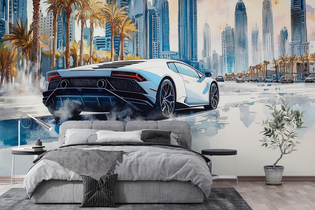 Painting of a white sports car driving on a road with palm trees Painting of a white sports car driving on a road with palm trees