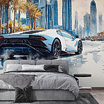 Papel de parede Pintura de um carro desportivo branco a circular numa estrada com palmeiras