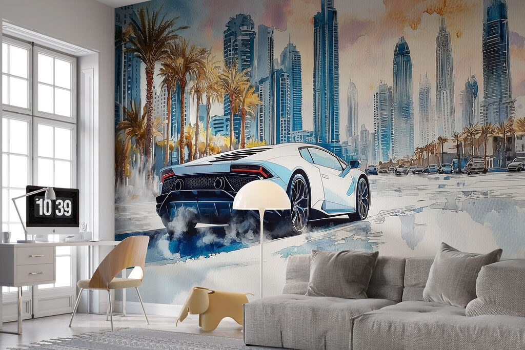 Painting of a white sports car driving on a road with palm trees Painting of a white sports car driving on a road with palm trees