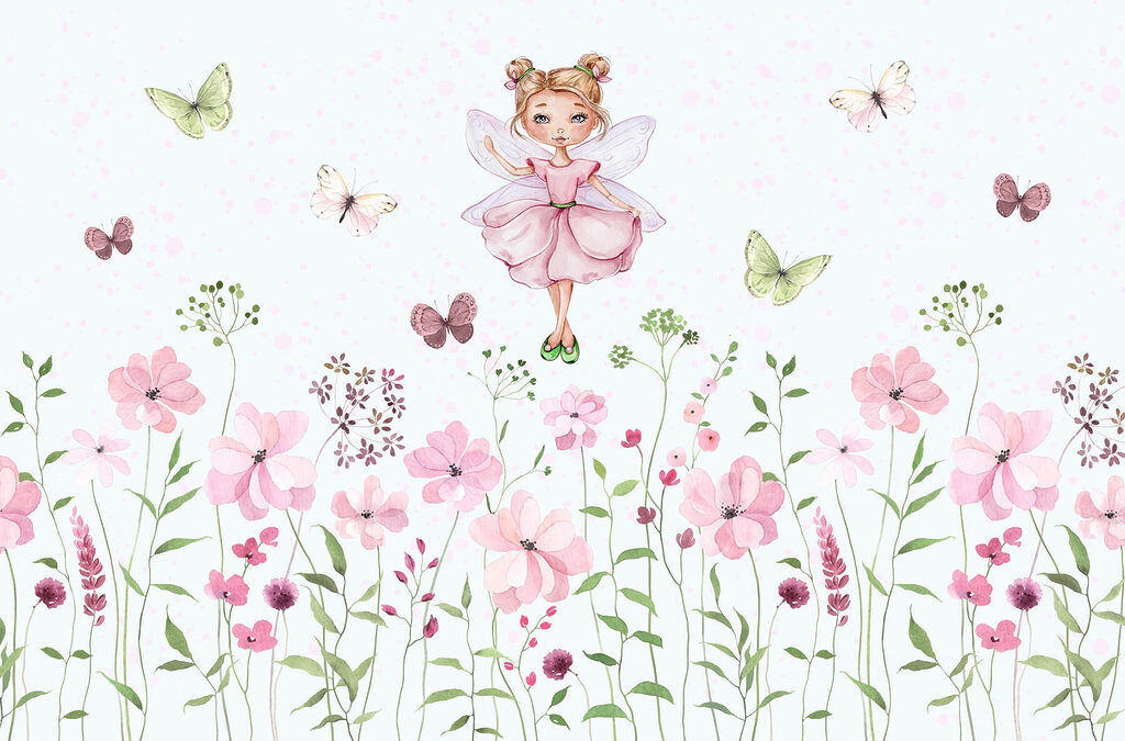 Aguarela de uma fada com um vestido cor-de-rosa rodeada de flores Aguarela de uma fada com um vestido cor-de-rosa rodeada de flores