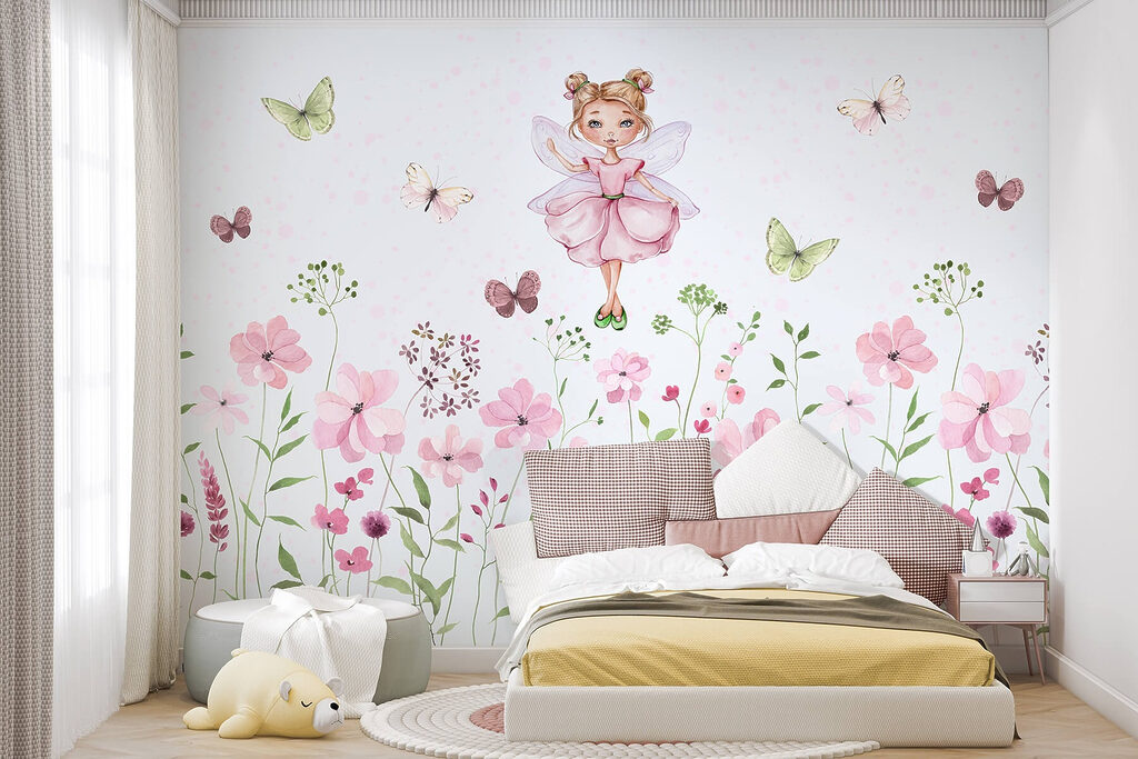 Watercolor of a fairy in a pink dress surrounded by flowers