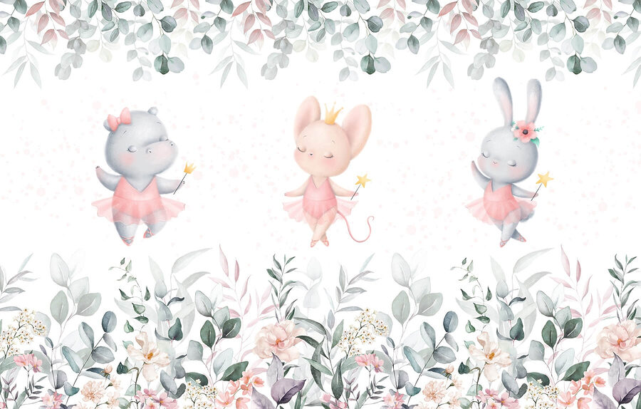 Grupo de animais com saias tutu cor-de-rosa e flores