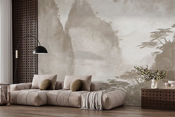 Painting of trees and mountains