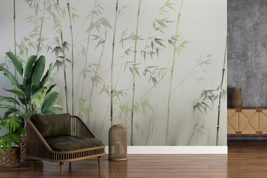 Caules de bambu com folhas pintadas