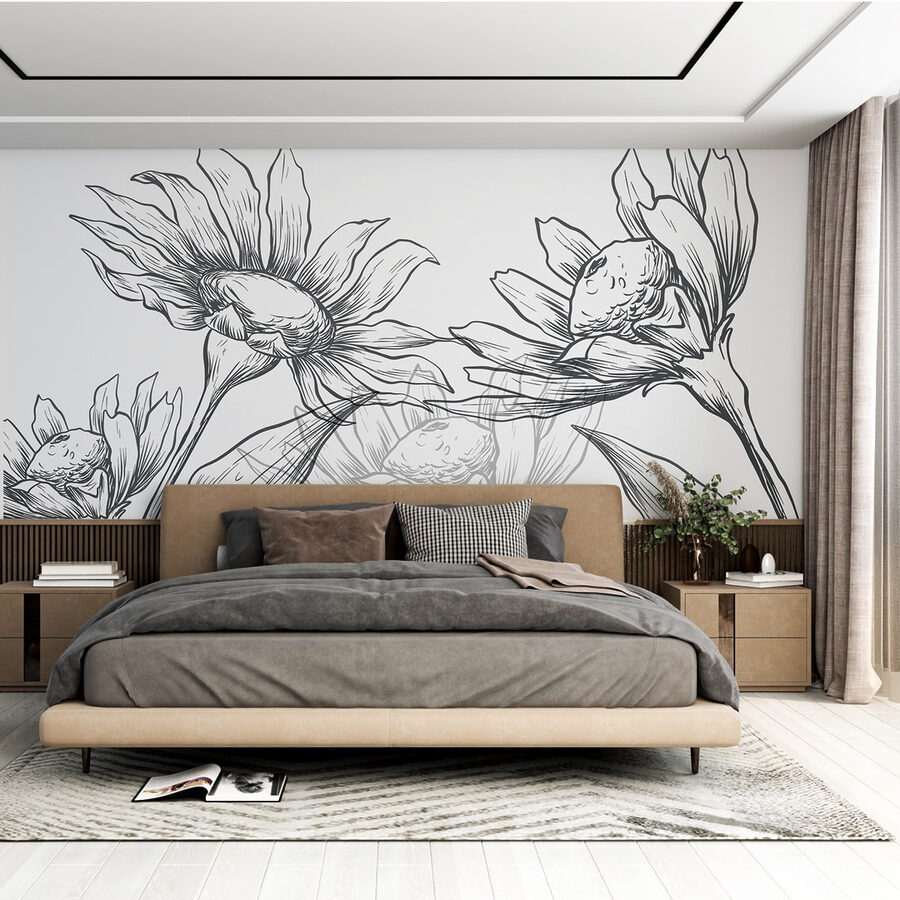 Papel de parede Desenho de flores com folhas