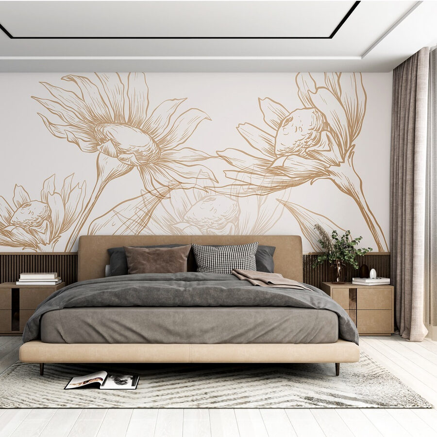Papel de parede Desenho de flores e folhas