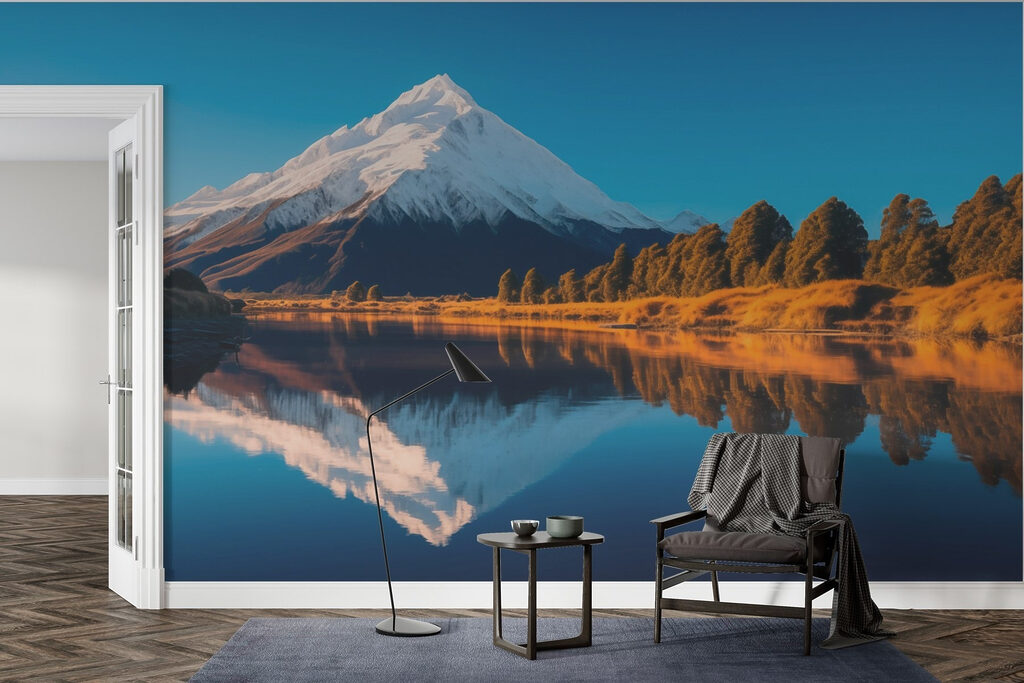 Mountain with trees and a body of water Mountain with trees and a body of water