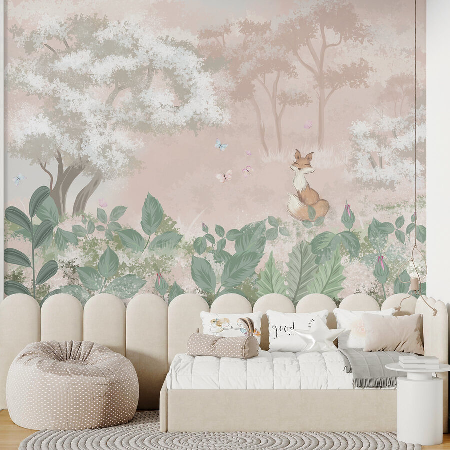 Papel de parede Raposa e borboletas numa floresta