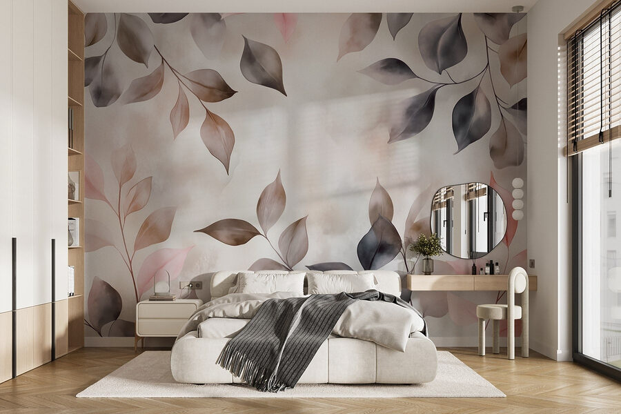 Papel de parede Tons suaves dançam entre folhas delicadas.