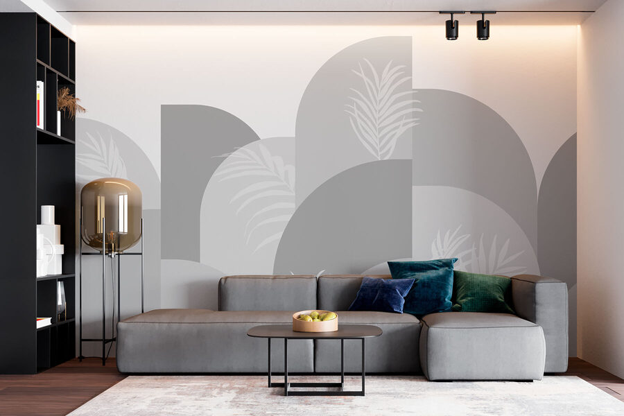 Fundo cinzento e branco com folhas brancas