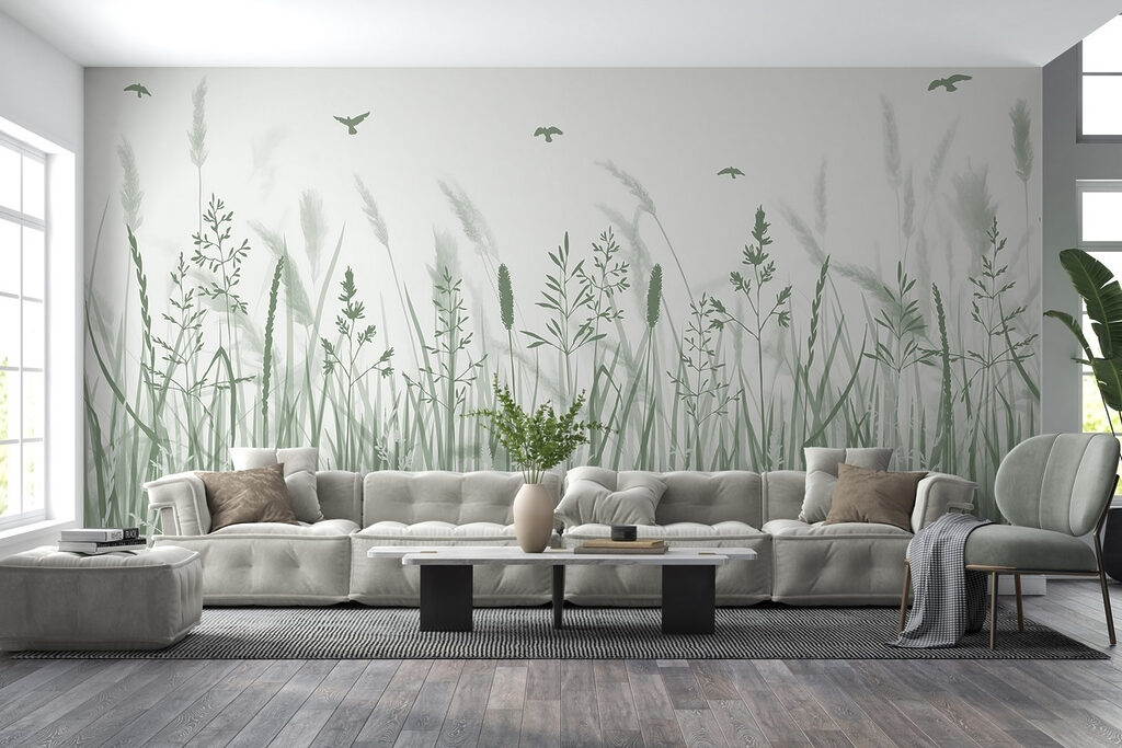 Field of grass with birds flying