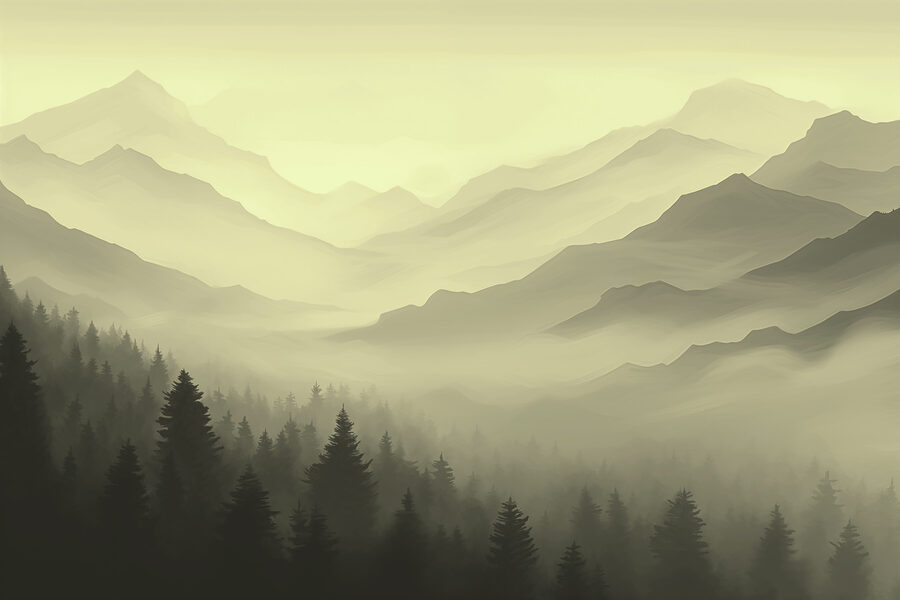 Paisagem de montanha com nevoeiro e árvores Paisagem de montanha com nevoeiro e árvores