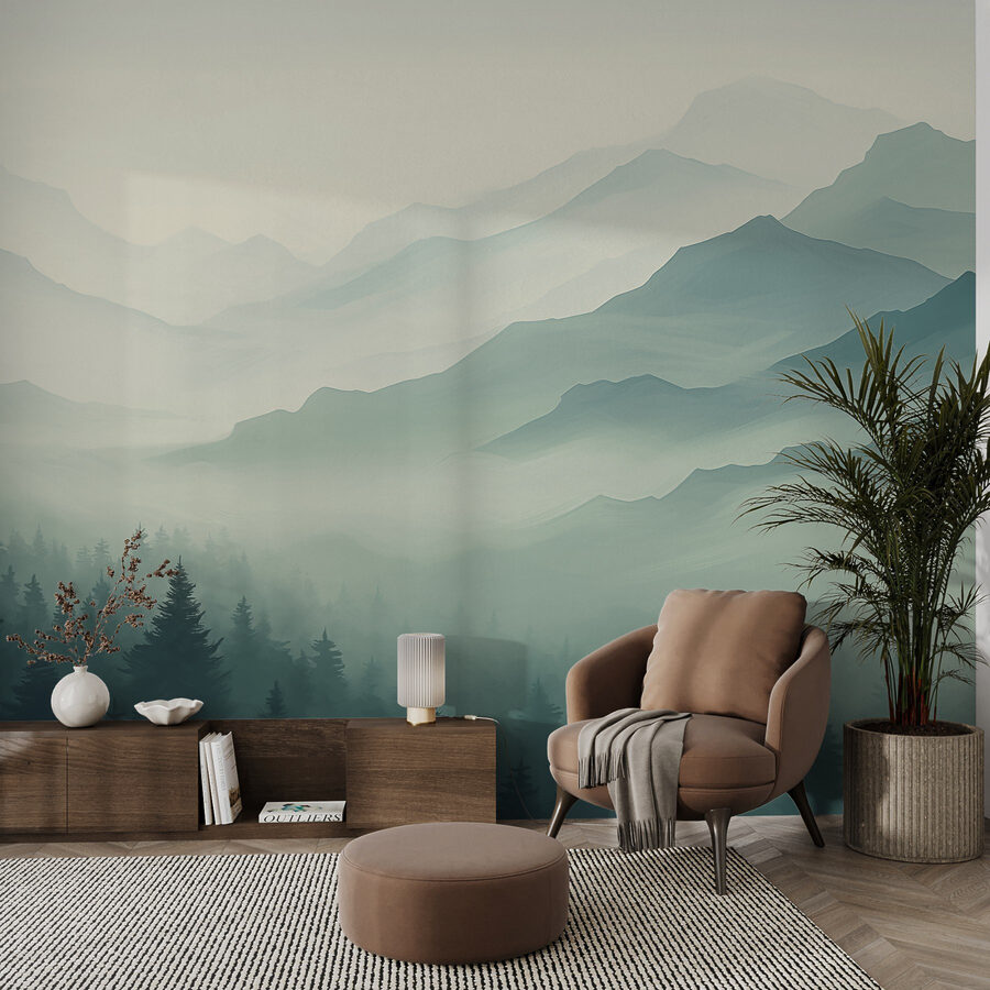 Papel de parede Paisagem de montanha com nevoeiro e árvores