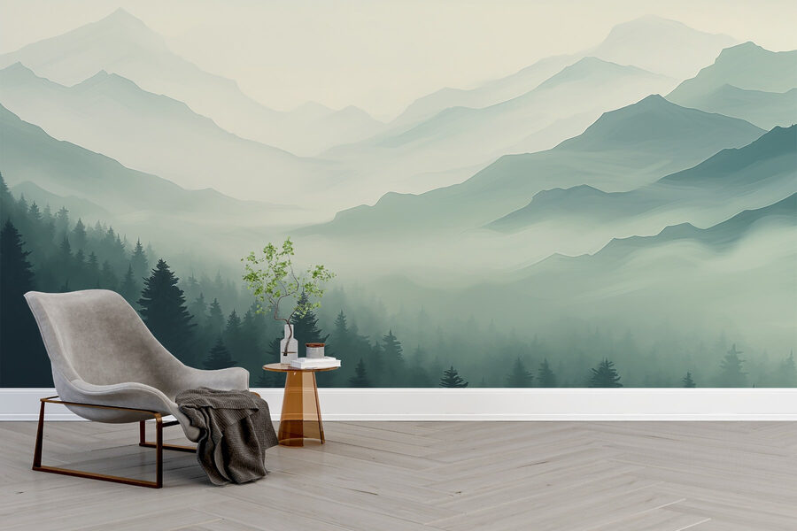 Papel de parede Paisagem de montanha com nevoeiro e árvores - Image 2