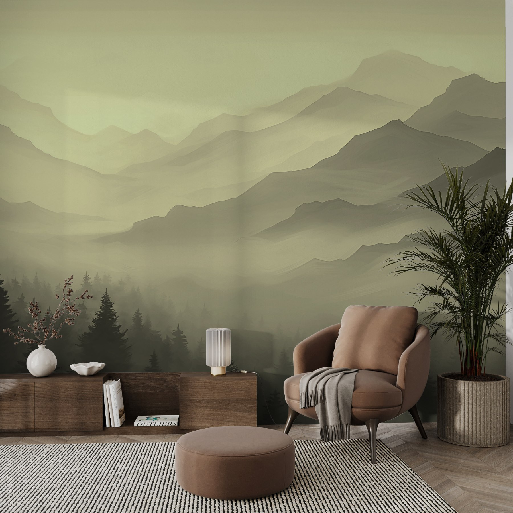 Foggy mountain landscape with trees Foggy mountain landscape with trees