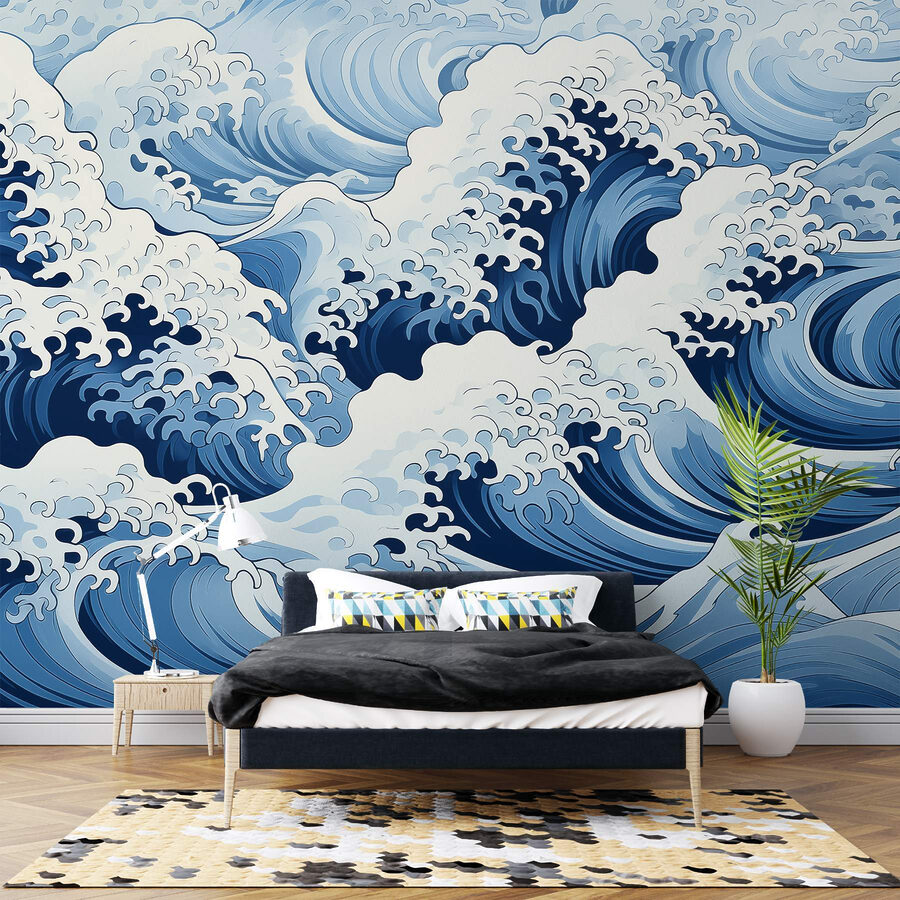 Papel de parede Padrão ondulado azul e branco