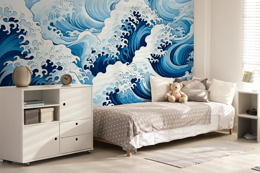 Papel de parede Padrão ondulado azul e branco - Image 2