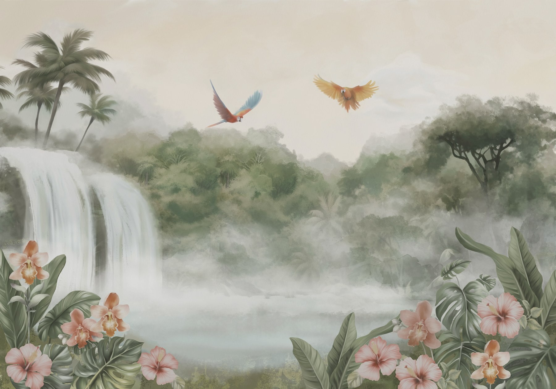 Waterfall with birds flying over it