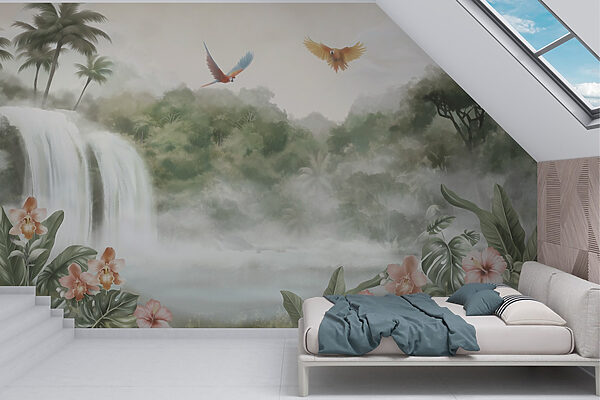 Waterfall with birds flying over it