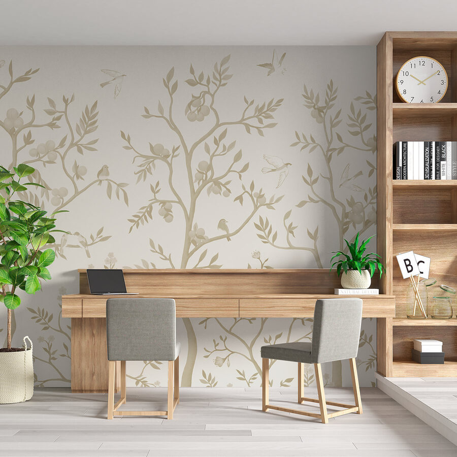 Papel de parede com pássaros e árvores