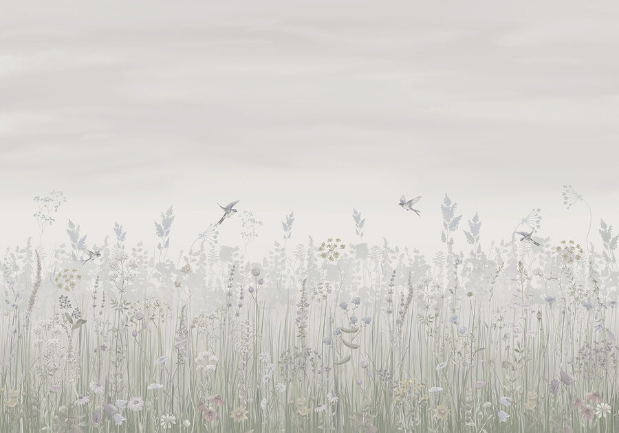 Campo de flores e pássaros